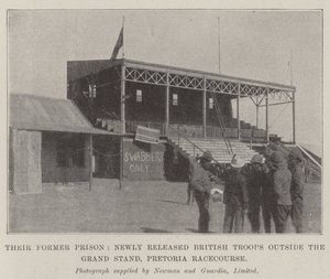 Their Former Prison, Newly Released British Troops Outside the Grand Stand, Pretoria Racecourse by English Photographer