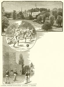 1. Harrow, from the Playing-Fields. 2. Football. 3. Racquets by English School