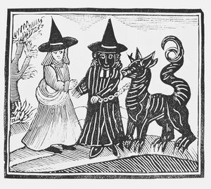 A Black and a White Witch with a Devil Animal, illustration from a collection of chapbooks on esoterica by English School
