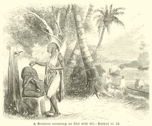A Brahmin anointing an Idol with Oil by English School