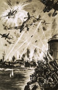 A British convoy in World War II under attack from German Stukas by English School