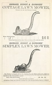 A Cottage and Simplex lawnmower, illustration from a gardening catalogue, published by Barnard Bishop & Barnard, 1878 by English School