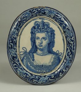 A Delft Blue and White Oval Royal Portrait Plaque of Queen Anne, Probably London, c.1705 by English School