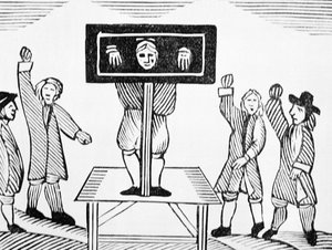 A Guilty Man in the Village Pillory, copy of a 16th century illustration, from a collection of chapbooks on esoterica by English School