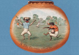 A Jolly Christmas Without an Upset!, Christmas card depicting a football match between dogs, c.1890s