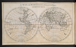 A Map of the World, on which is Delineated the Voyages of Robinson Crusoe by English School