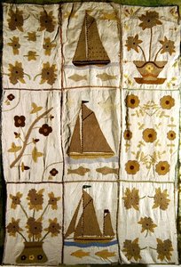 A Quilted Bed Spread of Sailing Ships and Flowers by English School