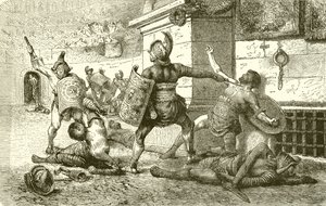 A Roman Holiday. Combat of Gladiators. The Vanquished appealing to the Spectators by English School
