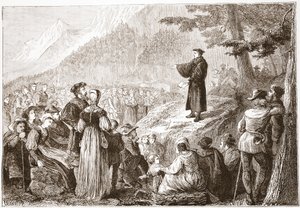 A Swiss Reformer Preaching to his Flock in the Open Field by English School