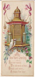 A Victorian Christmas card depicting an elaborate birdcage with a pair of lovebirds, circa 1880