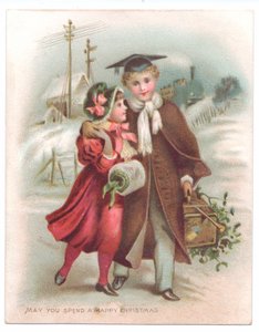 Victorian Christmas Card of a Boy Wearing a Mortarboard with His Arm Round a Girl Walking Through the Snow, c.1880