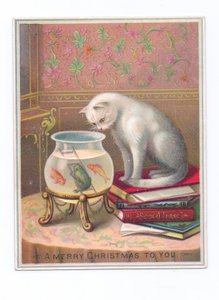 A Victorian Christmas Card of a Cat Sitting on a Stack of Books and Looking into a Goldfish Bowl, c.1880 by English School