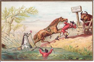 Victorian Christmas Card of a Horse Thrashing in the Water While the Other is Pulled Ashore by His Rider