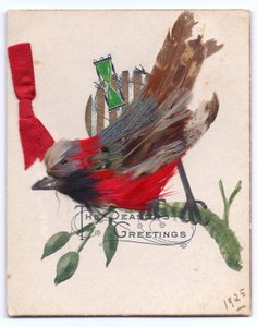 A Victorian Christmas card of a robin made out of feathers by English School