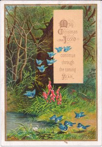Victorian Christmas Card of Blue Birds in a Woodland Setting, c.1880