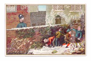 Victorian Christmas Card of Boys Hiding Behind a Brick Wall Throwing a Snowball at a Policeman by English School