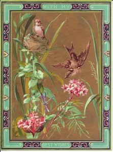 A Victorian Greeting Card of a Bird Chasing a Dragonfly and a Bird on Its Nest (c.1880) by English School