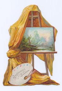 A Victorian Die-Cut Shape Card of a Painting on an Artist Easel with a Drape on It, c.1880 by English School