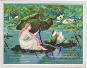 A Victorian greeting card of a fairy sailing on a stream on a lotus lily leaf with a lily leaf as a canopy