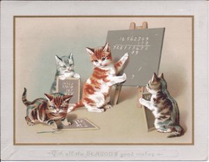 A Victorian greeting card of a kitten writing on a blackboard on an easel while two others hold small slates in their paws, c.1880 by English School