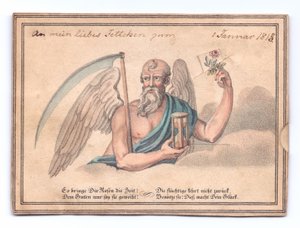 Victorian Greeting Card of the Grim Reaper with a Scythe and Hourglass Holding a Rose by English School