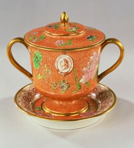 A Wedgwood Pearlware two handled cup, cover and stand painted with a portrait bust of George III, commemorating his Golden Jubilee in 1810, 1810