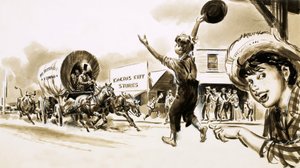 A canvas-topped wagon pulls into a town in the wild west by English School