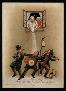 A Couple Objecting to Carol Singers Outside Their Window, Christmas Greetings Card by English School