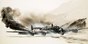 A crippled Halifax bomber lands on the ice