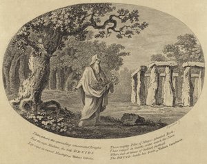 A druid taking cuttings with a scythe beside an ancient monument by English School