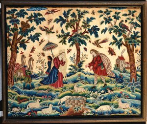 A Fine Needlework Picture Embroidered in Wools and Silks, Probably Depicting the Meeting of Jacob and Rachel at the Well by English School