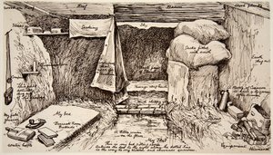 A flat in mud mansions, the Parade, France: a British Officers Dug-out, from a sketch by himself, from The Illustrated War News by English School