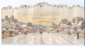 Victorian Christmas Card of a Castle and Church with a Man Carrying a Spade in the Snow by English School
