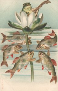 A Frog Playing the Lute on a Lily Pad by English School