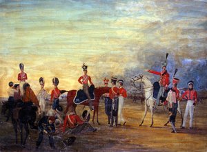 A group of mounted and dismounted officers and men of the Yorkshire Yeomanry in various orders of dress by English School