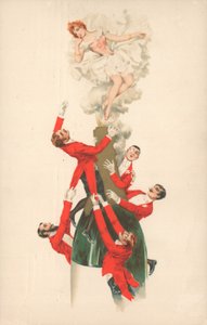 A Group of Red-Jacketed Men Climbing a Champagne Bottle by English School