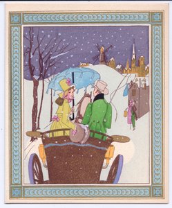 A Hand-Coloured French Pochoir Christmas Card of a Rencecy Couple in an Open Carriage Riding Through the Snow