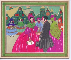 French Pochoir Christmas Card of Ladies in Crinoline Dresses and Bonnets Conversing with a Gentleman