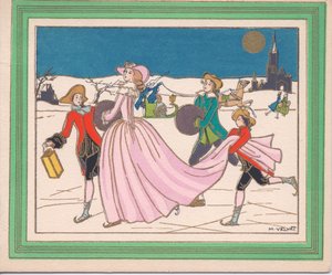 Hand-Coloured French Pochoir Christmas Card of a Lady in a Flowing Pink Dress Ice Skating with Attendants Holding a Lantern and Her Trail, circa 1920