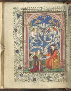 A kneeling pupil, perhaps representing the author, Norton, receiving a book from his master, with angels, written scrolls and a dove above. Ordinal of Alchemy. Thomas Norton 4th quarter of the 15th century by English School