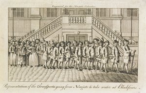 A line of chained convicts from Newgate Prison, Old Bailey, being taken to Blackfriars for transportation, c.1760 by English School