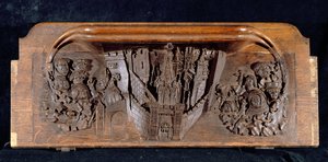 A misericord depicting a walled town with a gateway with a raised portcullis, New College Chapel, Oxford, late 14th century
