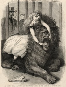 A modern Una; A young and beautiful maniac in the cage of an African lion by English School