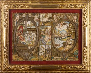 A Needlework Book Binding Depicting Religious Scenes with a Seated King and an Angel Addressing a Man by a River by English School