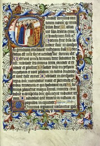 A page from a psalter in Latin, with a historiated initial depicting a group of monks standing before a lectern chanting, c.1455 by English School