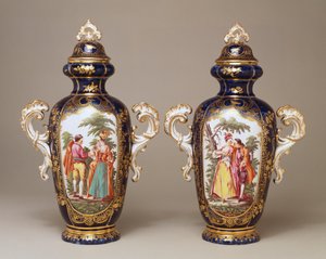 A pair of Chelsea blue-ground lobed tapering oviform vases and covers depicting lovers among trees, c.1765 by English School