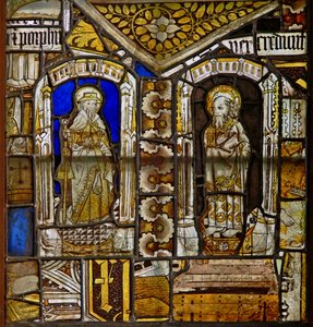 A panel in the east window depicting St James and St Paul with the Gromwell weed above by English School