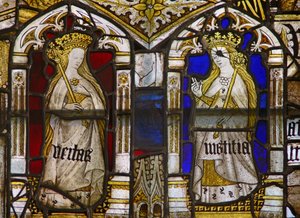 A panel in the east window depicting the Cardinal Virtues: Truth (Veritas) and Justice (Iustitia) by English School