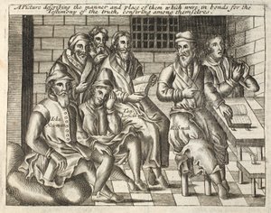 A picture describing the manner and place of those who were in bonds for the Testimony of the truth, conferring among themselves, illustration from Acts and Monuments by John Foxe, ninth edition, published 1684 by English School