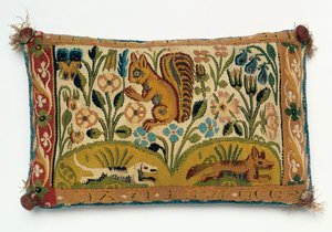A Pin Cushion Tapestry Panel with a Squirrel and Motto, 